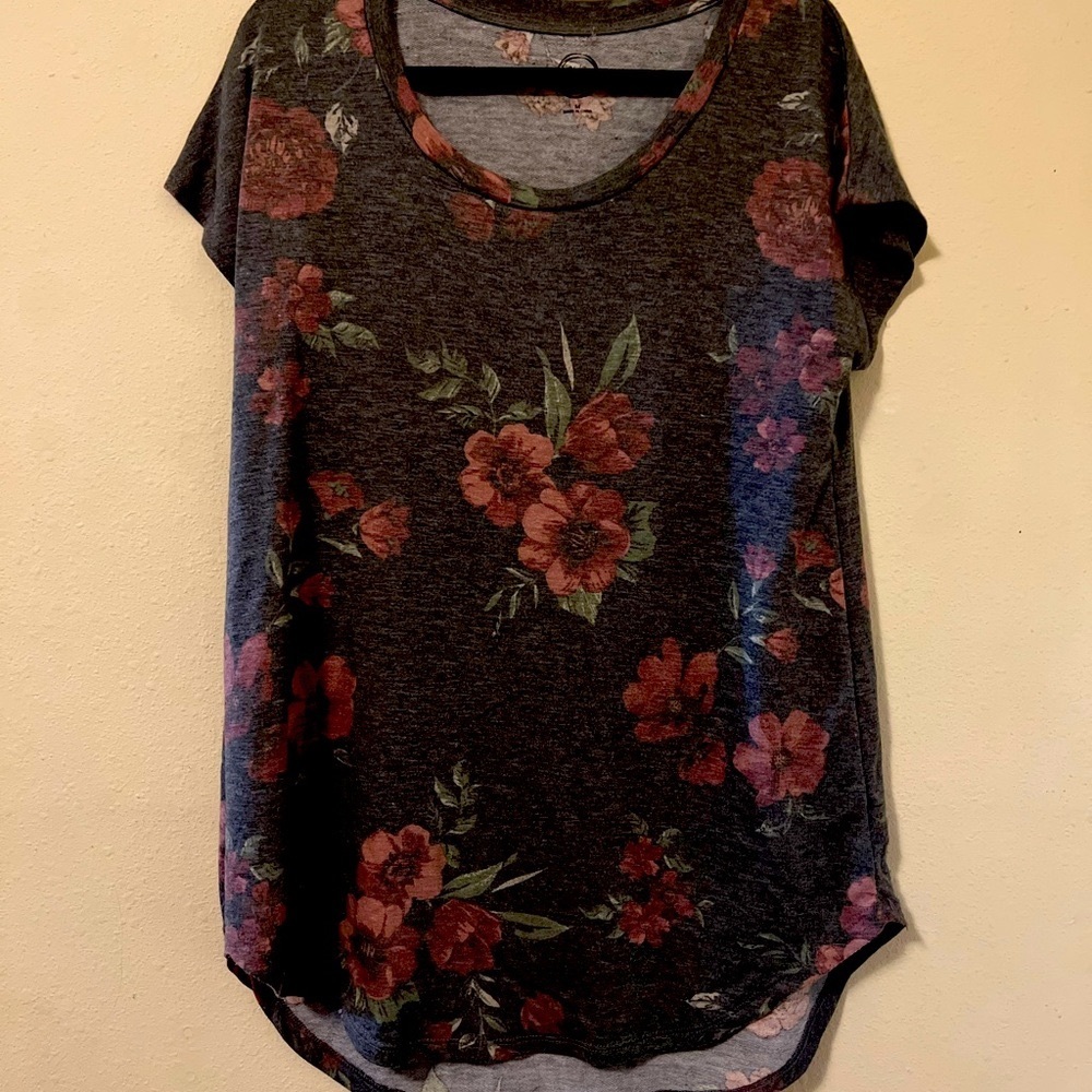 Grey top with dark large floral pattern